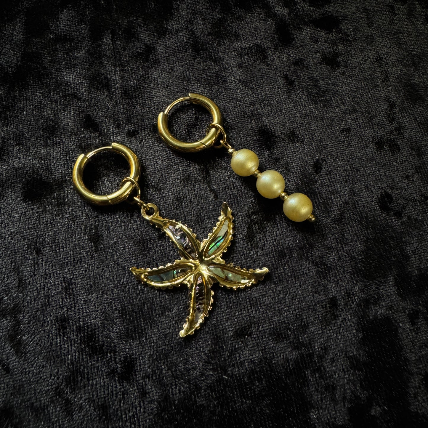 Boucles d’oreilles magiques et upcyclées : Etoile des îles (Paua et perles vintage du japon)